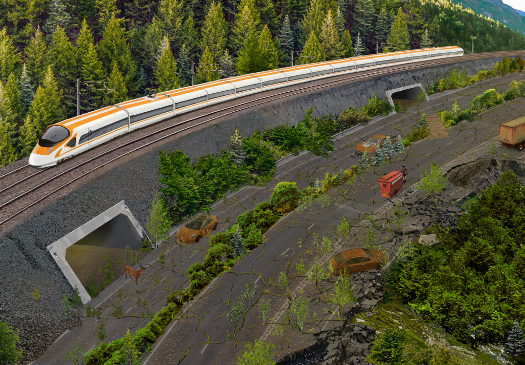 A scene of a high speed train passing above/beside a ruined highway, which is crumbling, overgrown, and dotted with rusted cars. A man on a bicycle tows a traditional-looking micro wagon in the opposite direction along a cleared path which meanders across several lanes. Near the bottom a deer emerges onto the ruined highway from an animal underpass beneath the train, able to safely cross what was once a dangerous area. Trees cover the mountains behind the train and new growth forests have filled in below the highway.
